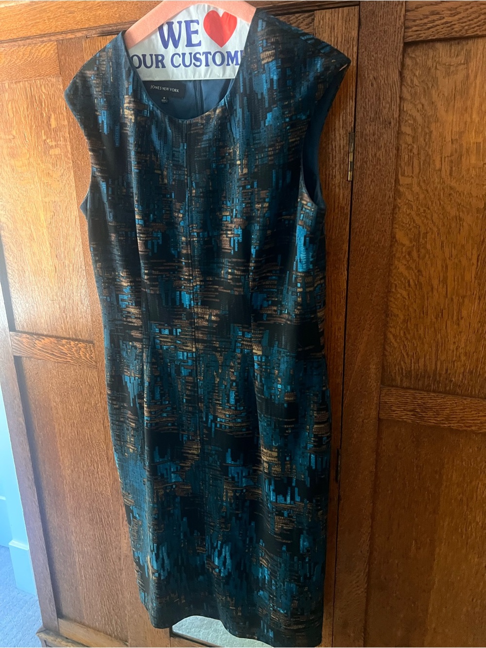 Jones New York Teal, Black and Gold Patterned Midi Sheath Dress